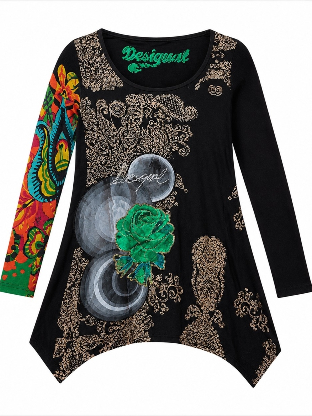 DESIGUAL | Artsy Black Embroidered Green Rose Paisley Sharkbite Tunic Top | S